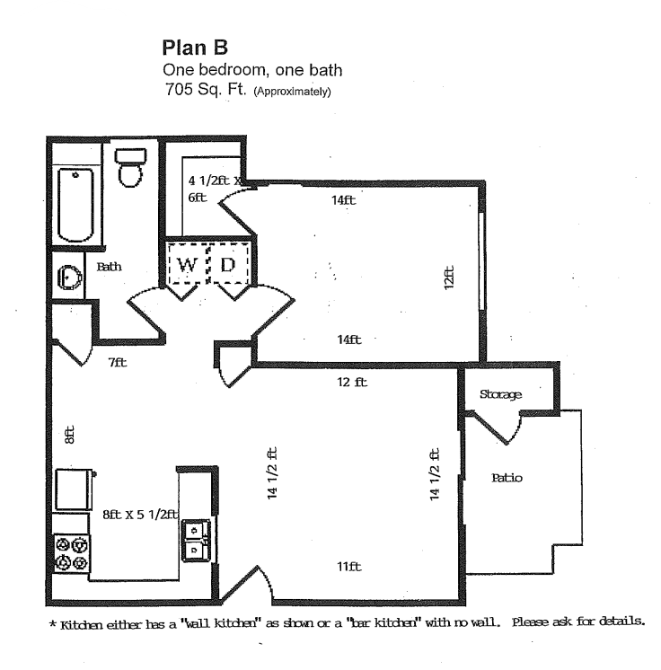 Floor plan for 1 bed, 1 bath, 705 sqft
